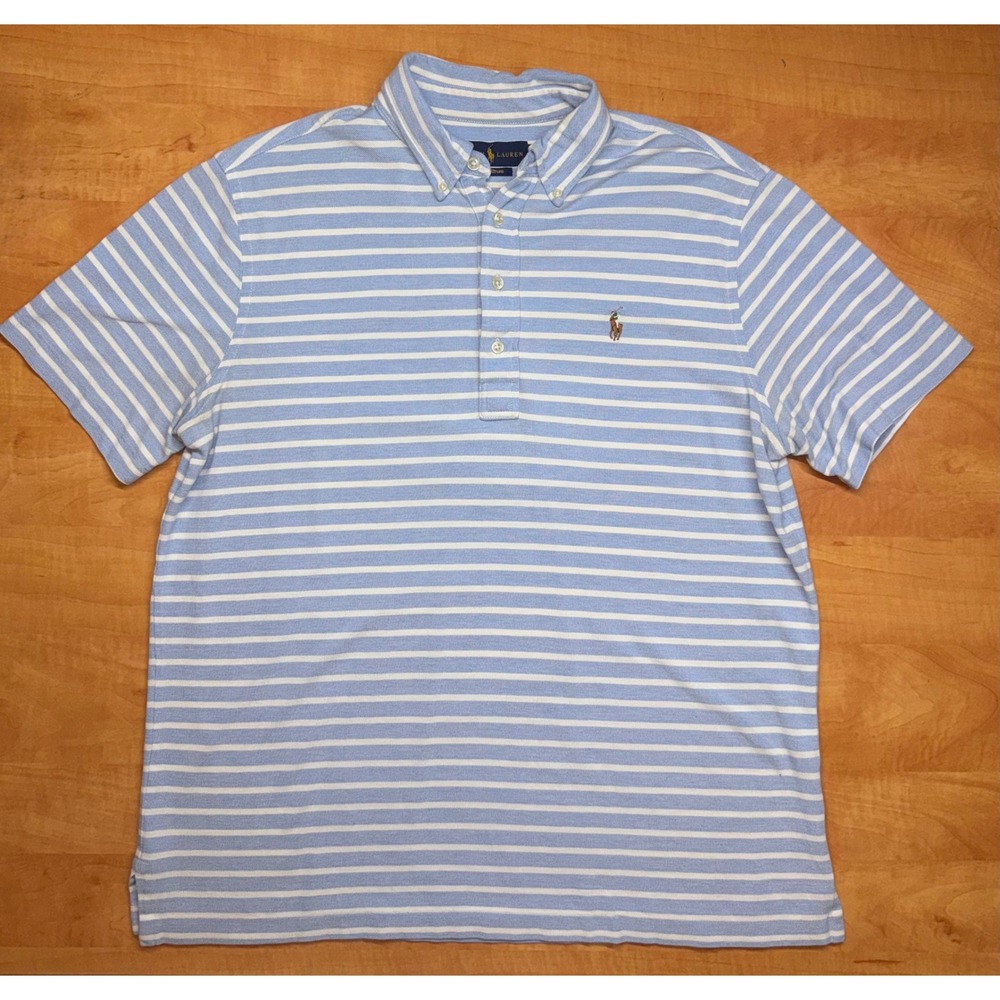 Ralph Lauren Knit Oxford Polo Shirt Mens Large Blue White Striped Short Sleeve